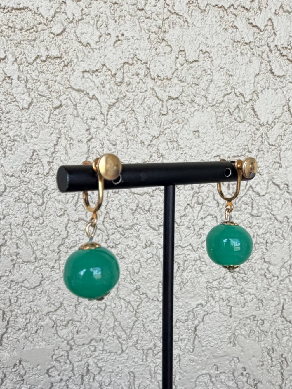 Vintage Gold Tone Green Glass Round Drop Earrings